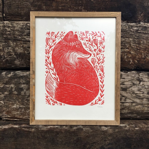 Forest Fox Linoleum block print