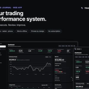 May include: A dark-themed trading journal web app interface titled Trader OS. The display shows a dashboard with performance metrics, a line graph, and account balance data. Text includes Your trading performance system. Plan. Execute. Review. Improve.