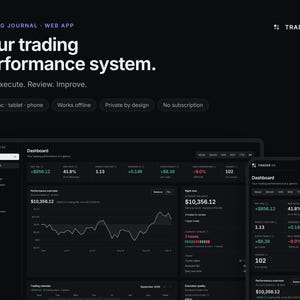 May include: A dark-themed trading journal web app interface titled Trader OS. The display shows a dashboard with performance metrics, a line graph, and account balance data. Text includes Your trading performance system. Plan. Execute. Review. Improve.