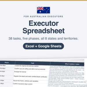 May include: A digital document titled Executor Spreadsheet for Australian Executors, featuring the Australian flag, 38 tasks across five phases for all 8 states and territories, compatible with Excel and Google Sheets, with a table showing task details.