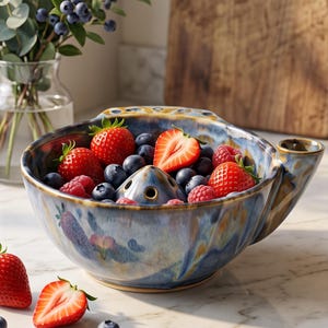 Handmade Ceramic Berry Washing Bowl, Blue Amber Pottery Gift, Unique Kitchen Gift for Home Cooks