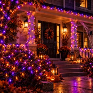 May include: A house exterior decorated for the season with purple and orange string lights wrapped around porch columns and bushes. Several orange pumpkins sit on the steps and ground, accompanied by black lanterns and a wreath on the front door.