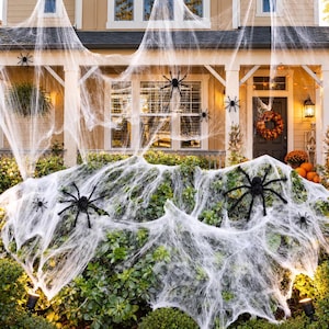 May include: A house exterior decorated for Halloween with white synthetic spider webs draped over green bushes and the front porch. Several large black plastic spiders are attached to the webs, and a wreath hangs on the dark front door.