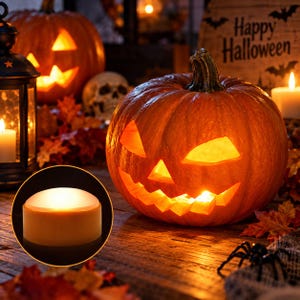 May include: A round, orange jack-o'-lantern with a carved face illuminated from within, featuring a green stem. A small, circular, battery-operated LED light with a glowing white top is shown in a circular inset in the lower left corner.