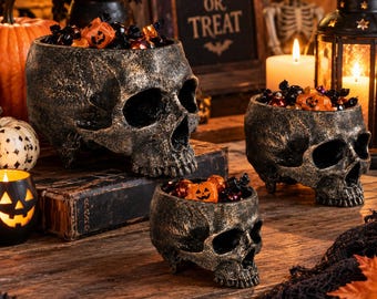 Bronze Skull Candy Bowl, Gothic Halloween Centerpiece, Resin Trick-or-Treat Dish (4.5" Wide)
