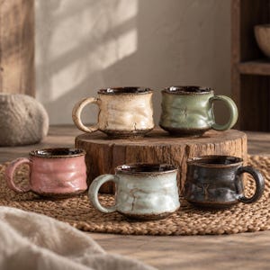 Peut inclure: Un ensemble de cinq petites tasses en céramique avec une surface texturée et irrégulière et un bord brun foncé. Les tasses sont finies dans diverses couleurs dont crème, vert sauge, rose poudré, bleu clair et gris anthracite, avec un vernis brillant.