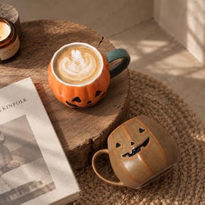 Peut inclure: Deux tasses en céramique en forme de citrouille. Une tasse orange vif avec une anse vert foncé est remplie de café avec un motif latte art. La seconde tasse est de couleur marron avec un visage de citrouille sculpté et une anse assortie.