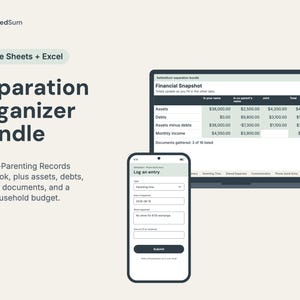 Bundel met hulpmiddelen voor scheiding, werkboek voor het bijhouden van co-ouderschap, financiële planner voor scheiding, nieuw huishoudbudget, Google Sheets