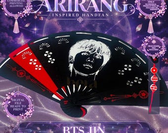 May include: A black and red handfan featuring a white graphic portrait of a person, decorative cutouts, and text that reads Fanmade Arirang Inspired Handfan, BTS Jin, Commercial Printing Allowed, Digital 3MF Download Only, and Bead Charm File Included.