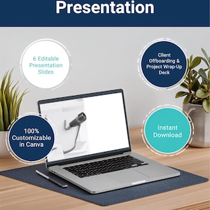 May include: A digital Project Completion Kit Presentation template displayed on a laptop screen. The graphic includes text: Project Completion Kit Presentation, 6 Editable Presentation Slides, Client Offboarding & Project Wrap-Up Deck, 100% Customizable in Canva, and Instant Download.