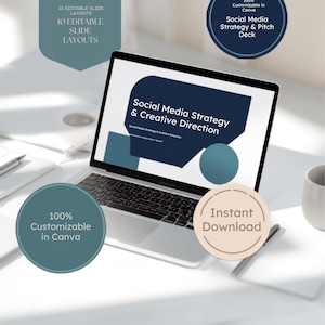 May include: A laptop displaying a presentation titled Social Media Strategy & Creative Direction. Text overlays include 10 Editable Slide Layouts, 100% Customizable in Canva, Social Media Strategy & Pitch Deck, and Instant Download.