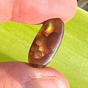 May include: An oval-shaped fire agate gemstone with a polished, smooth surface. The stone displays deep brown and reddish-orange hues with iridescent, glowing internal patterns that shift in color when light hits the translucent, layered structure.