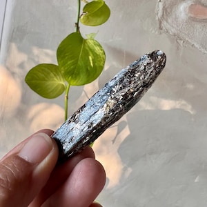 Op de afbeelding: Een lange, slanke, donkergrijze kyanietkristal met een metaalachtige, vezelige en gestreepte textuur. De steen heeft een puntige, mesachtige vorm met reflecterende oppervlakken die het licht vangen en een natuurlijke, ruwe mineraalvorm tonen.
