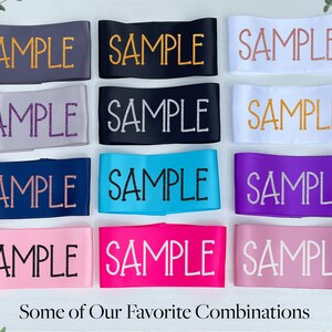 May include: Twelve satin ribbon samples in various colors with the word "SAMPLE" printed in different colors and styles. Some of Our Favorite Combinations.