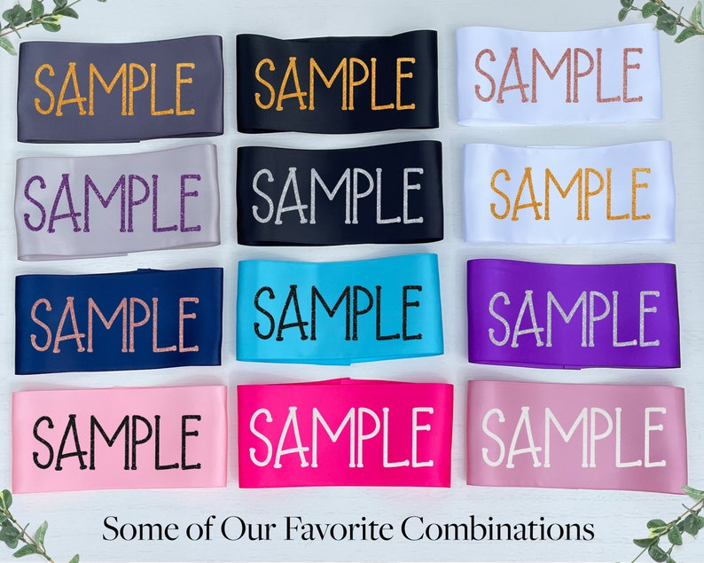 May include: Twelve satin ribbon samples in various colors with the word "SAMPLE" printed in different colors and styles. Some of Our Favorite Combinations.
