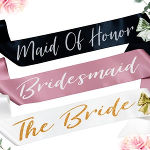 Bride To Be Sash Bridesmaid Sash Maid Of Honor Sash Personalized Custom Bridal Shower Gift Gold & Rose Gold Glitter Text image 1