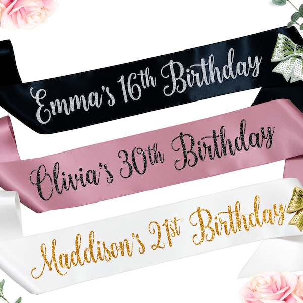 Personalized Birthday Girl Sash - 21st Birthday Sash - 18th Birthday Sash - 30th Birthday Sash - Silver & Gold Glitter - Custom Text Any Age