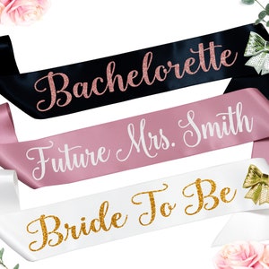 Future Mrs Sash Bride To Be Sash Bachelorette Sash Personalized Custom Bridal Shower Gift Gold & Rose Gold Glitter Text image 1