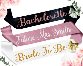 Future Mrs Sash - Bride To Be Sash - Bachelorette Sash - Personalized Custom Bridal Shower Gift - Gold & Rose Gold Glitter Text