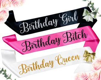 Personalized Birthday Girl Sash - 21st Birthday Sash - Black Pink & Gold Glitter - Custom Text Birthday Queen, Birthday Bitch