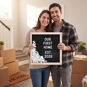 May include: A square black felt letter board with a light wood frame, displaying the white text "OUR FIRST HOME EST. 2026" in the center. The bottom left corner of the board is filled with a pile of loose, white plastic letters.