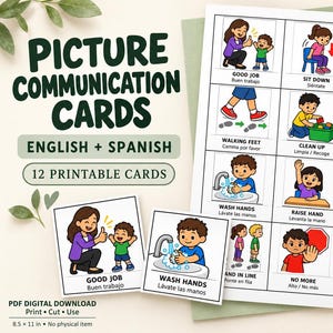 Può includere: Un set di 12 carte di comunicazione visiva stampabili in inglese e spagnolo, con illustrazioni colorate di bambini che svolgono attività quotidiane come lavarsi le mani, sedersi e alzarsi, con etichette di testo per ogni azione.