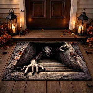 May include: A rectangular floor mat featuring a 3D optical illusion of a dark wooden staircase leading into a deep hole. A pale, sharp-featured creature with pointed ears and long, dark-nailed fingers is climbing out of the opening toward the viewer.
