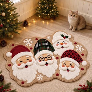 May include: A beige, irregularly shaped rug featuring three Santa Claus faces with white beards. One Santa wears a red hat, one a green and black plaid hat with glasses, and one a red leopard print hat, accented with white snowflakes.