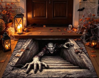 3D Optical Illusion Skeleton Doormat, Spooky Brick Well Floor Mat, Scary Halloween Front Porch Decor, Haunted House Outdoor Rug