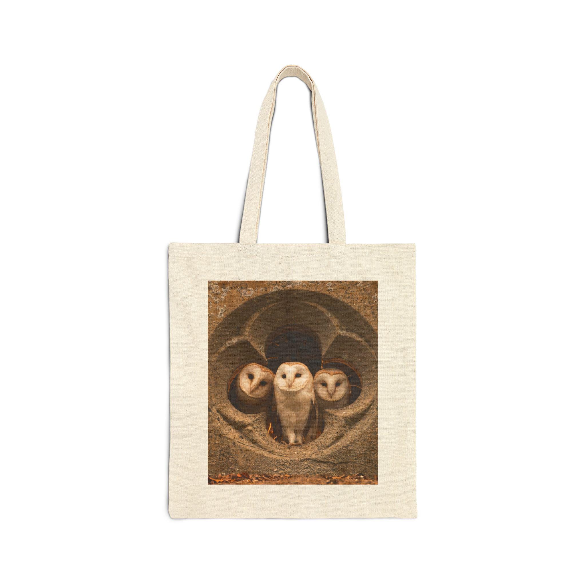 Barn Owl Trio Tote Bag | Wildlife Illustration, Rustic Tree Bark Design