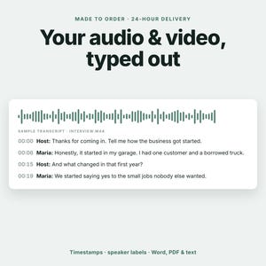 Könnte beinhalten: Eine digitale Grafik mit dem Text Your audio & video, typed out über einem weißen Feld, das eine dunkelgrüne Schallwellengrafik und ein Transkriptbeispiel mit Zeitstempeln und Sprecherkennzeichnungen für ein Interview enthält.