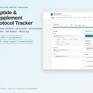 Op de afbeelding: Een interactieve digitale tracker-interface voor peptide- en supplementprotocollen. Het scherm toont een dagelijkse checklist voor doseringen, cyclusregistratie en een rekenmachine voor reconstitutie, inclusief logboeken voor effecten.