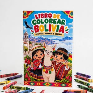 Puede incluir: Un libro para colorear titulado LIBRO DE COLOREAR BOLIVIA DESCUBRE, APRENDE Y COLOREA con una ilustración de dibujos animados de una llama, una niña y un niño con ropa tradicional frente a montañas y un lago, rodeado de lápices de colores.