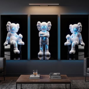 Ensemble de 3 affiches murales Kaws blanches, poster Kaws bleu néon, décoration moderne sombre, impression minimaliste Kaws, art mural hypebeast, téléchargement numérique
