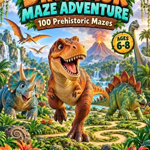 May include: A book cover titled Dinosaur Maze Adventure 100 Prehistoric Mazes by Jaquelyn Vaughan. The illustration features a central Tyrannosaurus Rex, a Triceratops, a Stegosaurus, and a long-necked dinosaur in a jungle with a volcano.