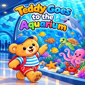 Puede incluir: Un oso de peluche de dibujos animados con gorra azul, camiseta a rayas y pantalones cortos rojos camina frente a un gran acuario. El texto "Teddy Goes to the Aquarium" aparece arriba. El tanque muestra un delfín, tortuga, pulpo, cangrejo y peces.