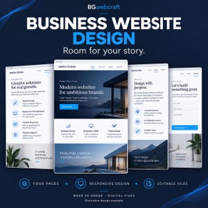 May include: A digital display of four website page layouts featuring the text BGwebcraft, BUSINESS WEBSITE DESIGN, Room for your story, and North Studio. The designs include blue and white color schemes, text sections, and imagery of modern architecture.