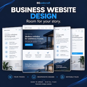 May include: A digital display of four website page layouts featuring the text BGwebcraft, BUSINESS WEBSITE DESIGN, Room for your story, and North Studio. The designs include blue and white color schemes, text sections, and imagery of modern architecture.