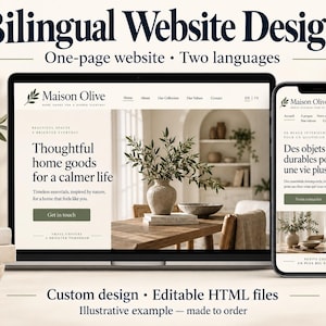 Könnte beinhalten: Ein zweisprachiges Website-Design, das auf einem Laptop- und Smartphone-Bildschirm angezeigt wird. Die Benutzeroberfläche zeigt den Markennamen Maison Olive mit Text auf Englisch und Französisch. Das Layout umfasst Menüs, einen Hero-Bereich und Schaltflächen.
