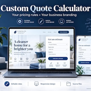 Peut inclure: Un ordinateur portable et un smartphone affichant un site web de calculateur de devis personnalisé pour une entreprise de nettoyage nommée Clear & Co. Les écrans présentent des formulaires de sélection de services, des options de tarification et des éléments de marque. L'interface inclut des champs pour le service, la taille de la propriété et la fréquence, ainsi qu'un bouton de calcul.