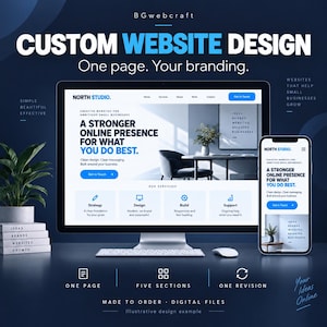 May include: A digital display showing a custom website design service by BGwebcraft. The screen features the text 'CUSTOM WEBSITE DESIGN', 'One page. Your branding.', and 'NORTH STUDIO' with a layout for small businesses, including a desktop monitor and a smartphone.