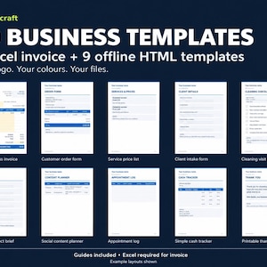 Small Business Template Bundle, Excel Invoice and 9 Editable HTML Forms and Planners