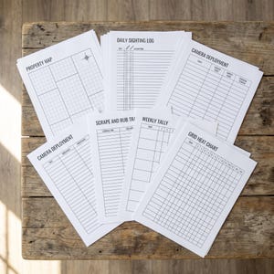 Pode incluir: Uma coleção de formulários de papel branco com texto e grades impressos em preto, incluindo um mapa de propriedade, registro diário de avistamentos, implantação de câmera, rastreamento de arranhões, contagem semanal e um gráfico de calor em grade.
