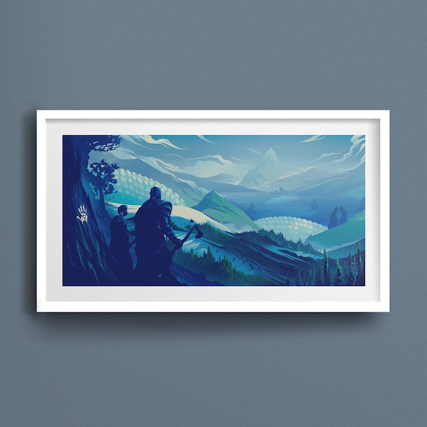 God of War game poster, Kratos art print, Midgard landscape illustration