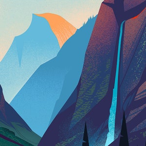 May include: A stylized graphic illustration of a mountain valley featuring a prominent blue peak with an orange-lit summit, a steep dark purple cliff face, a vertical waterfall cascading down the rock, and dark evergreen trees in the foreground.