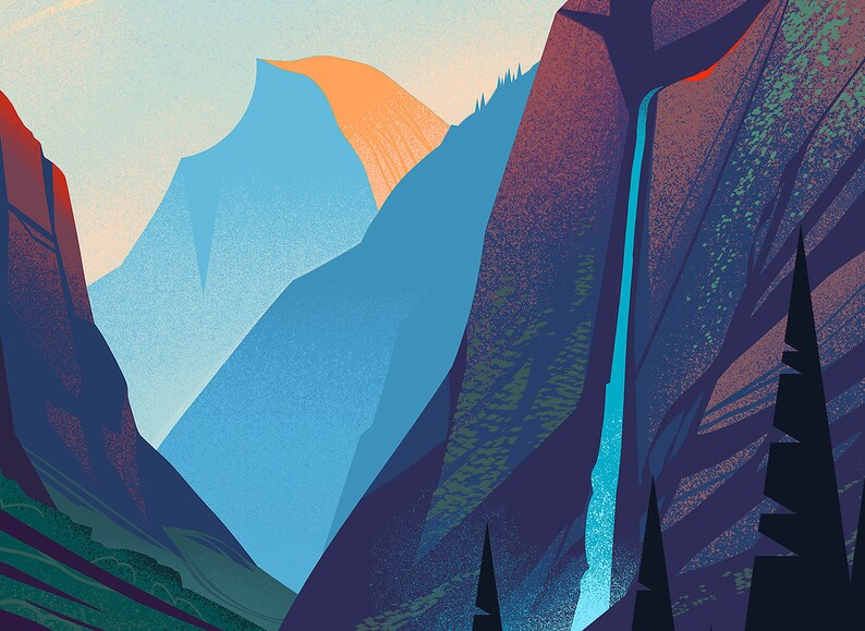 May include: A stylized graphic illustration of a mountain valley featuring a prominent blue peak with an orange-lit summit, a steep dark purple cliff face, a vertical waterfall cascading down the rock, and dark evergreen trees in the foreground.