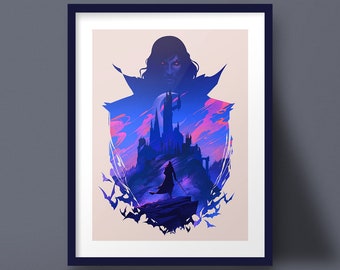 Puede incluir: Una ilustración digital de un vampiro con un castillo oscuro en el fondo. El vampiro lleva una capa negra y tiene ojos rojos. El castillo está rodeado de murciélagos y tiene una luna creciente por encima.