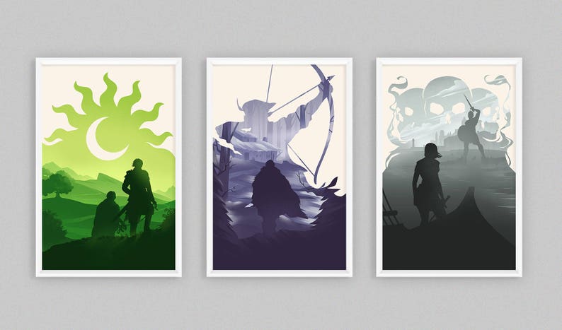 May include: Set of three framed art prints featuring stylized silhouettes of figures in landscapes. The first print shows two figures in a green landscape with a sun and moon. The second depicts an archer. The third shows a warrior.