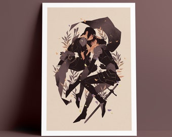 May include: A rectangular art print featuring a digital illustration of two figures in dark armour embracing amidst stylised foliage and scattered petals. One figure wears a quiver of arrows, while the other rests near a long sword on a beige background.