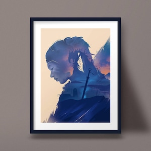 May include: A digital art print featuring a woman with a blue and purple silhouette, a dragon, and a sword. The background is a sunset with a mountain range.
